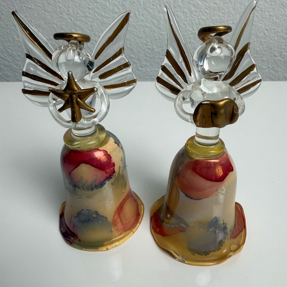 2pcs of VTG Russ Berrie and Co Multicolored Watercolored Glass Angel Bell Orname